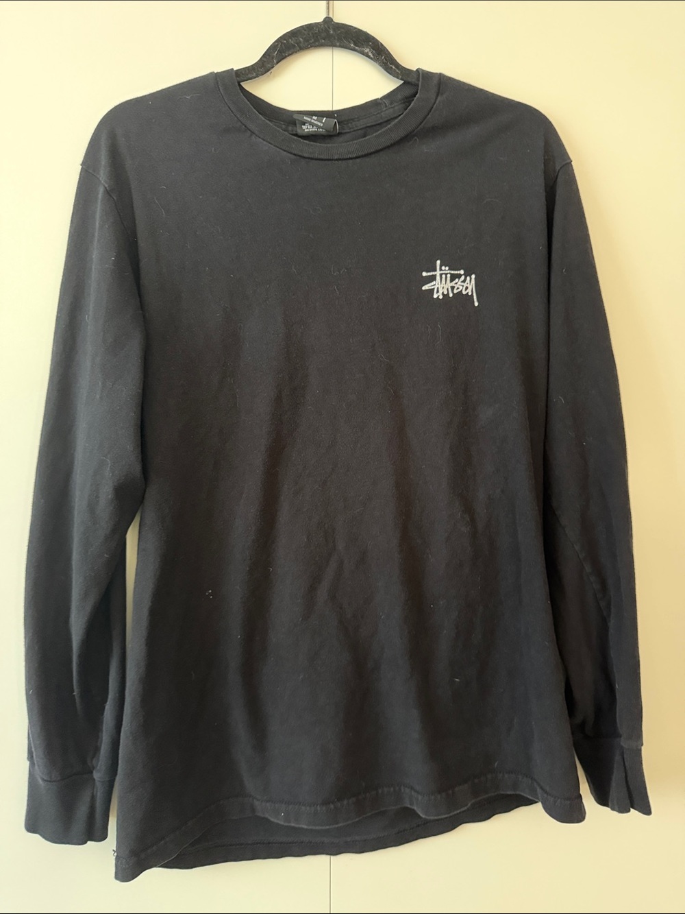 Stussy Black Long Sleeve Crewneck with White Script Logo